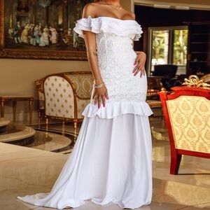 White Ruffle Lace Maxi Bridal Dress